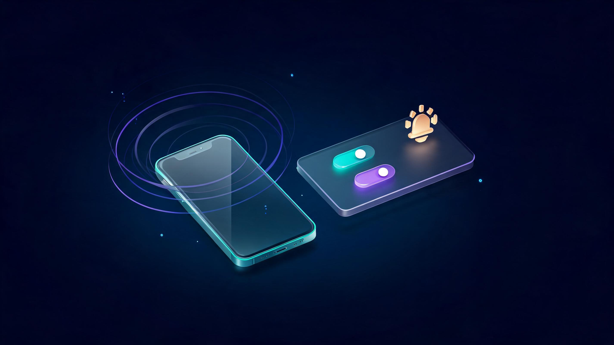 A glass smartphone with a privacy dashboard, glowing toggles, and a gold emergency siren glyph