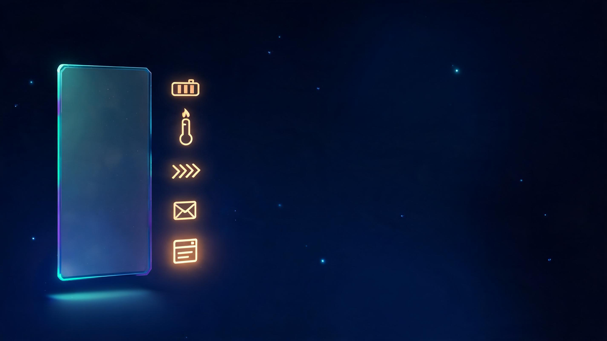 A tall glass checklist panel with rows of warning icons including battery, data, and message glyphs