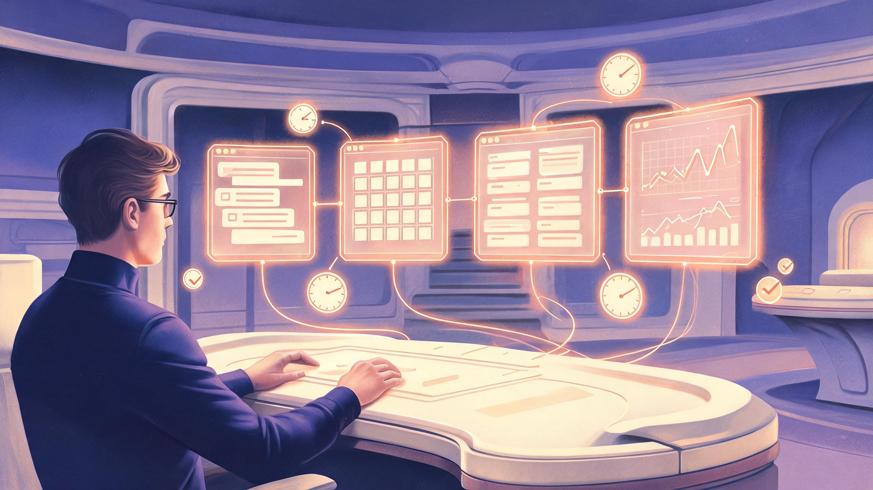 Retro-futurism illustration of an autonomous AI agent orchestrating email, calendar and project workflows across floating holographic windows, the newest AI app category of 2026