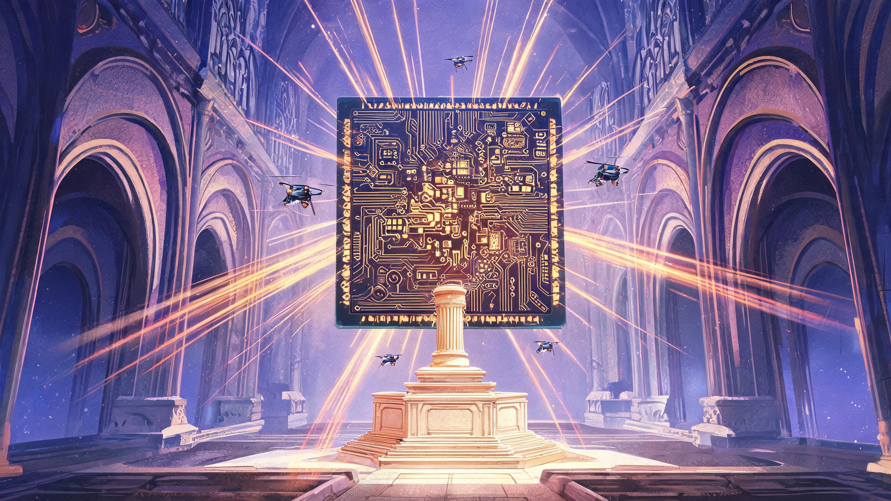 Retro-futurism illustration of a monumental AI inference chip glowing with golden circuits, representing the newest AI stocks in semiconductor accelerators