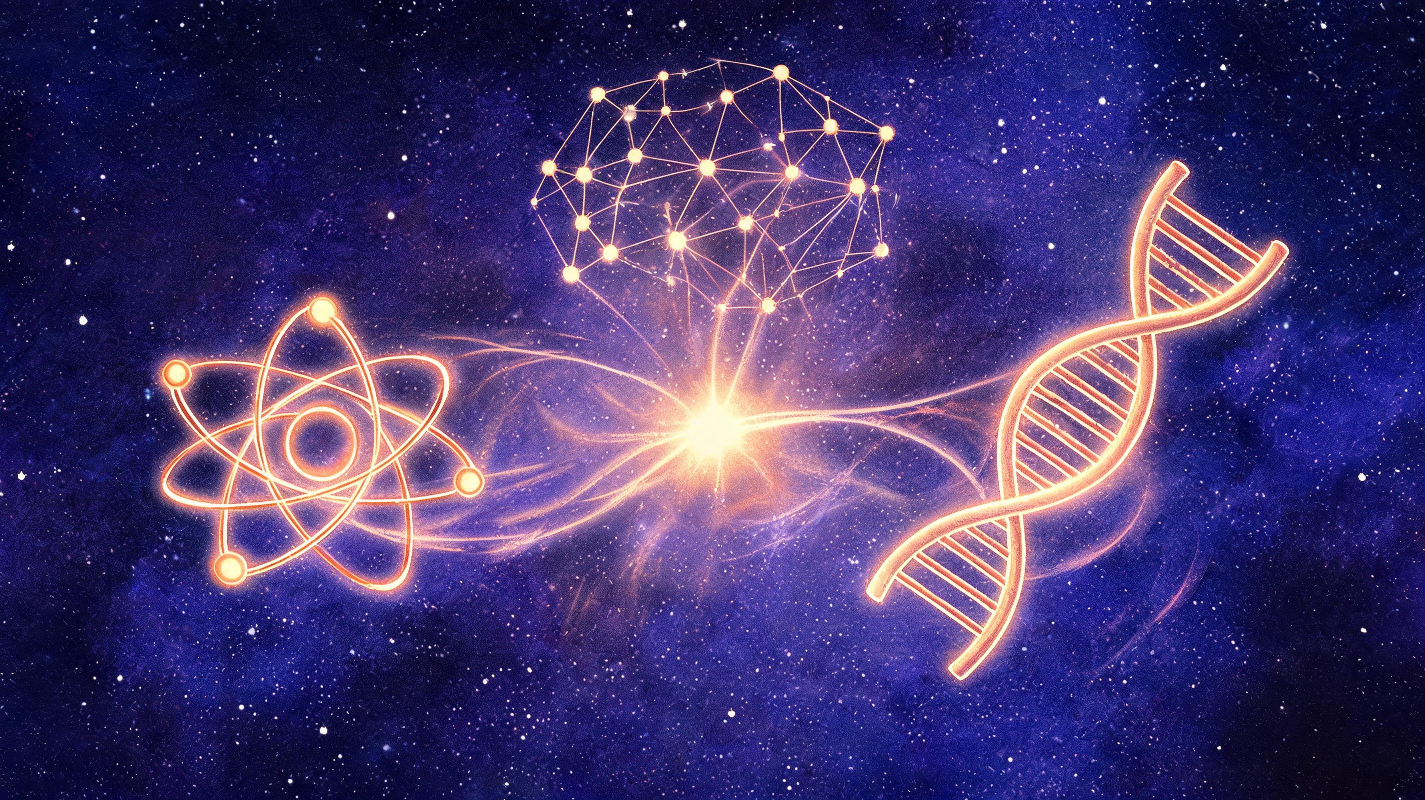 Retro-futurism illustration of glowing orbits of quantum computing, biotechnology and artificial intelligence converging into one point of light, representing AI intersection with other breakthrough technologies in 2026
