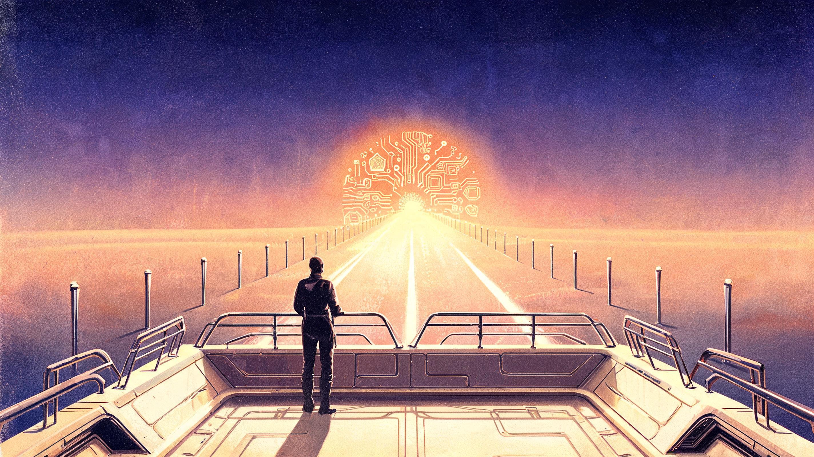 Retro-futurism illustration of a figure watching a circuit-pattern sunrise on the horizon, symbolizing the road ahead for the newest AI technologies beyond 2026