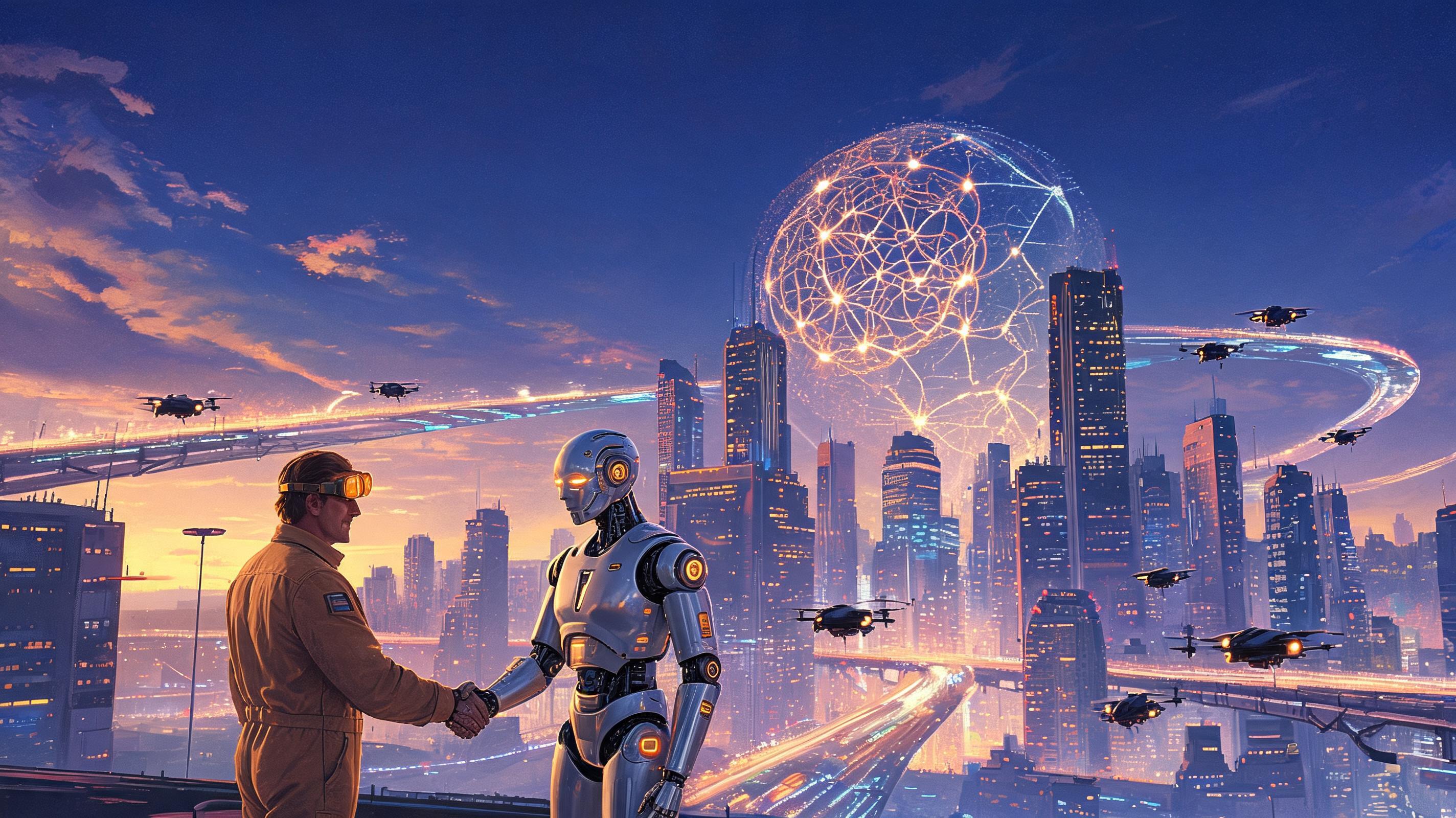 Retro-futurism illustration of a futuristic cityscape showcasing the newest AI technologies of 2026 with a humanoid robot, holographic neural network globe and autonomous drones