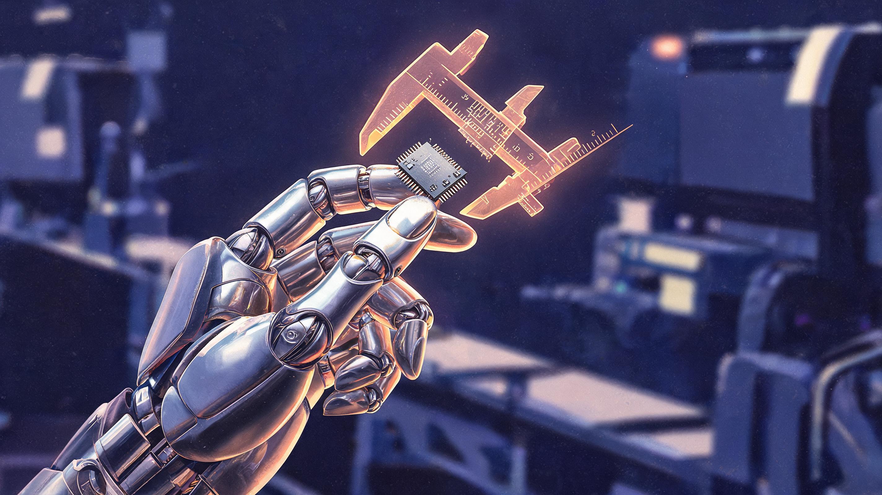 Retro-futurism illustration of a humanoid robot hand assembling a micro component with sub-millimeter precision, representing 2026 AI robotics manufacturing advances