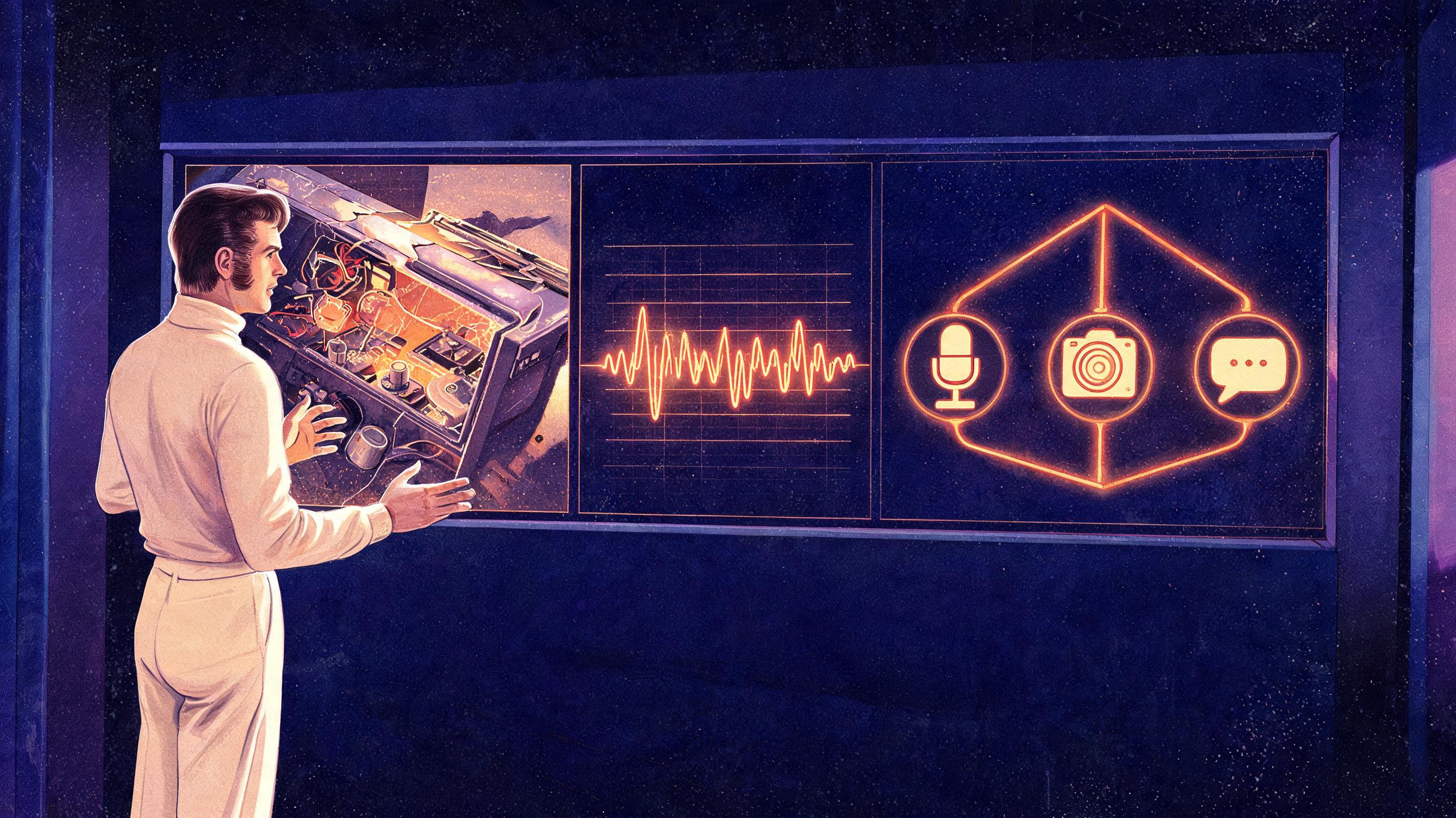 Retro-futurism illustration of a person using a real-time multimodal AI assistant on a holographic screen showing live video diagnosis, voice waveform and transcription, the newest AI technology in conversational interfaces