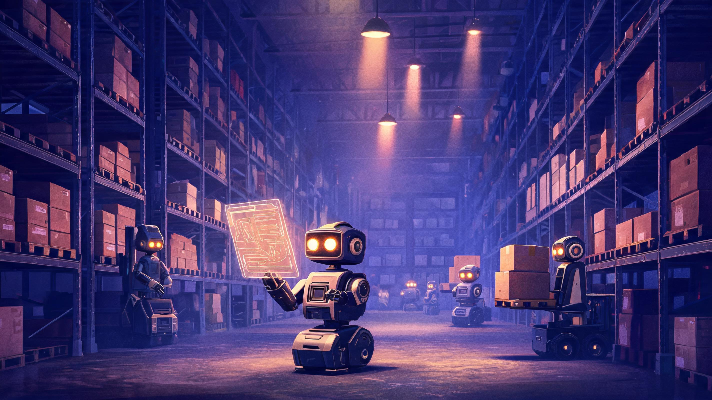 Retro-futurism illustration of an AI warehouse robot navigating shelves and interpreting a holographic instruction panel, representing the newest AI robot systems of 2026