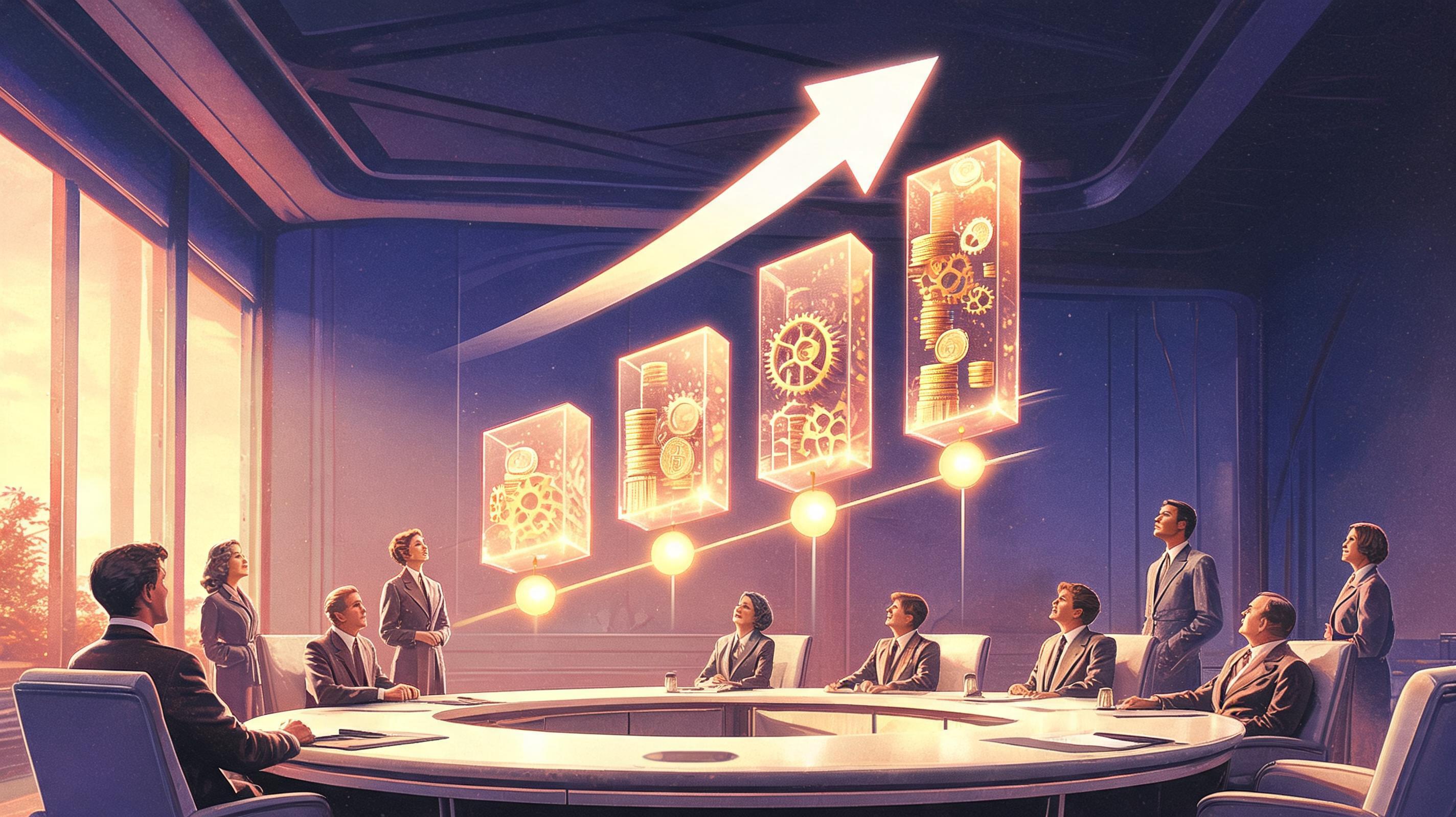 Retro-futurism illustration of executives viewing an ascending holographic ROI chart, showing typical timelines for AI implementation payback in 2026
