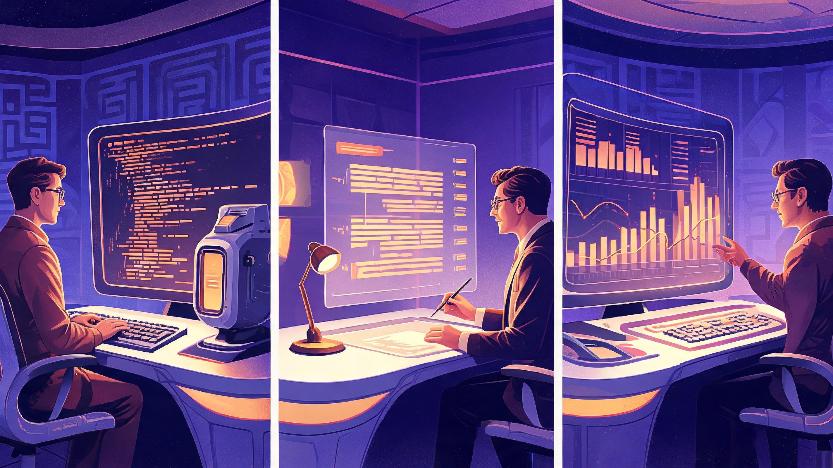 Retro-futurism illustration of professionals using 2026 AI tools for coding, legal contract drafting and financial analysis across glowing workspace panels