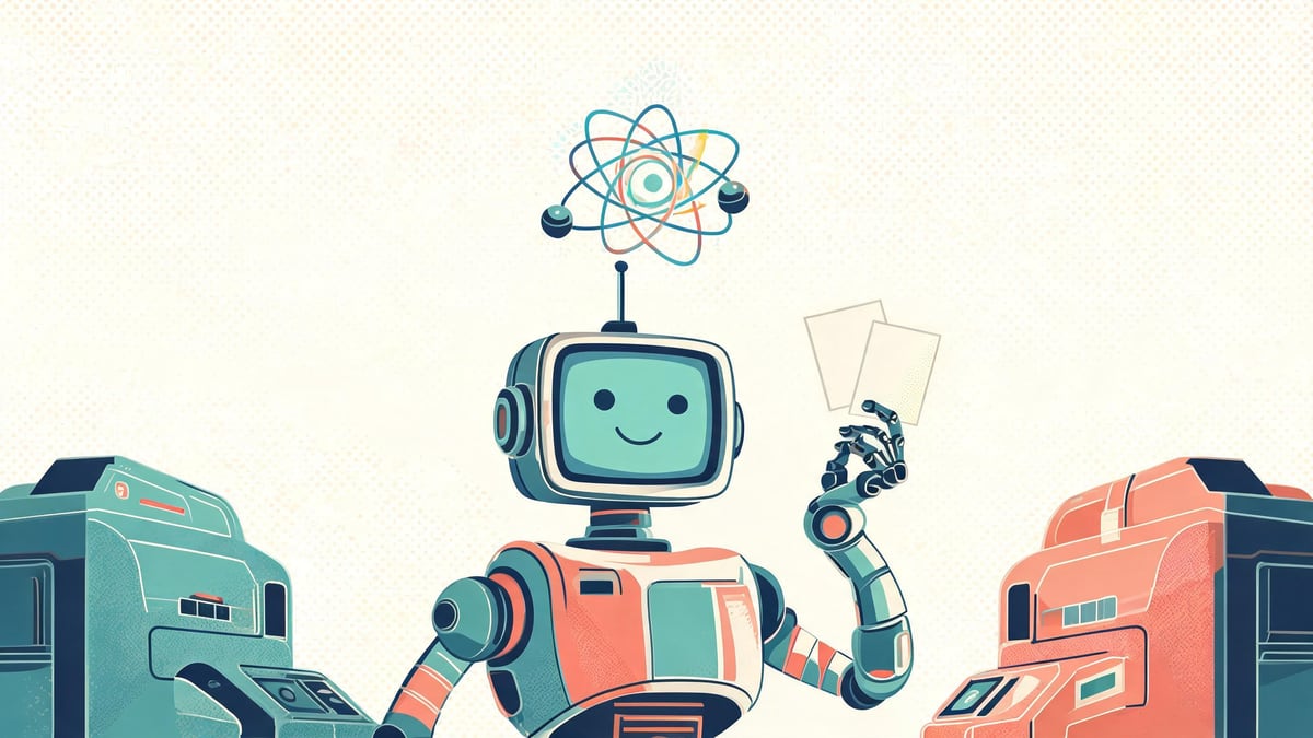 A cheerful retro robot with a television head offering glowing note cards between two machines