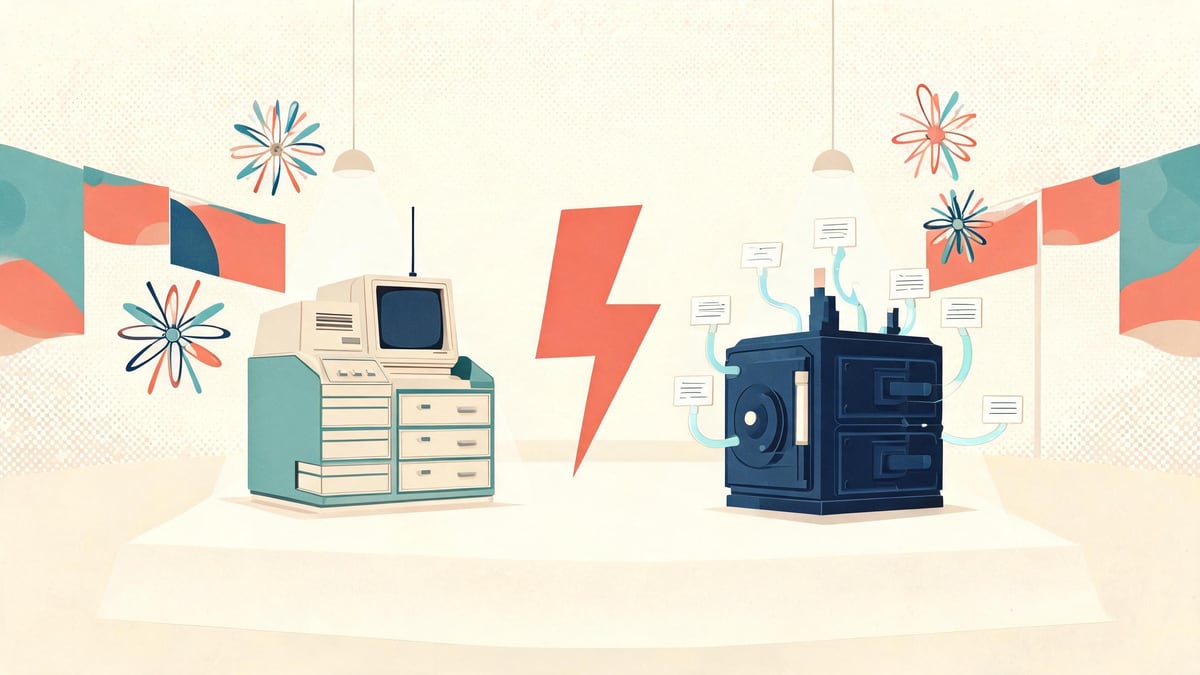 Retro-futurist poster of two machines facing off: a cream drawer-cabinet computer versus a navy vault-box with linking tubes