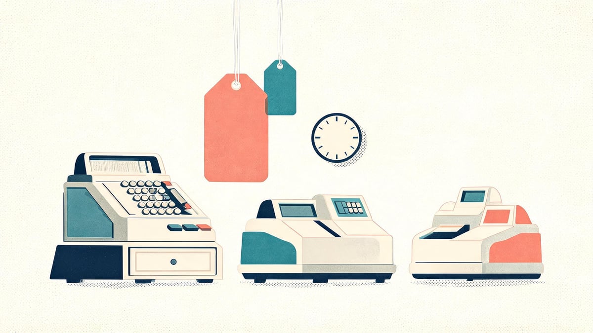 Retro price tags of different sizes hanging above two machines beside a mechanical cash register