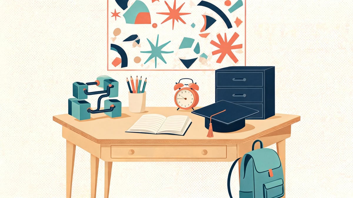 Retro school desk with notebook, graduation cap, pencils and two small machines