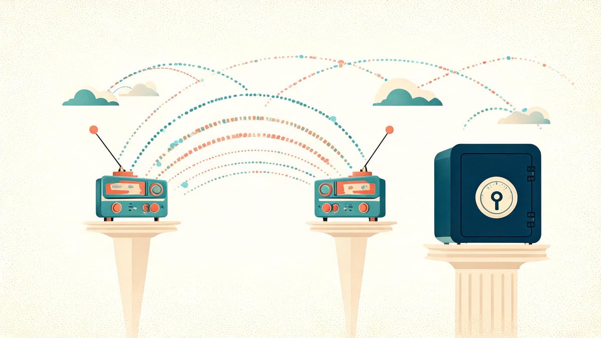 Two retro devices connected by arcing radio waves with a vault box with a safe dial