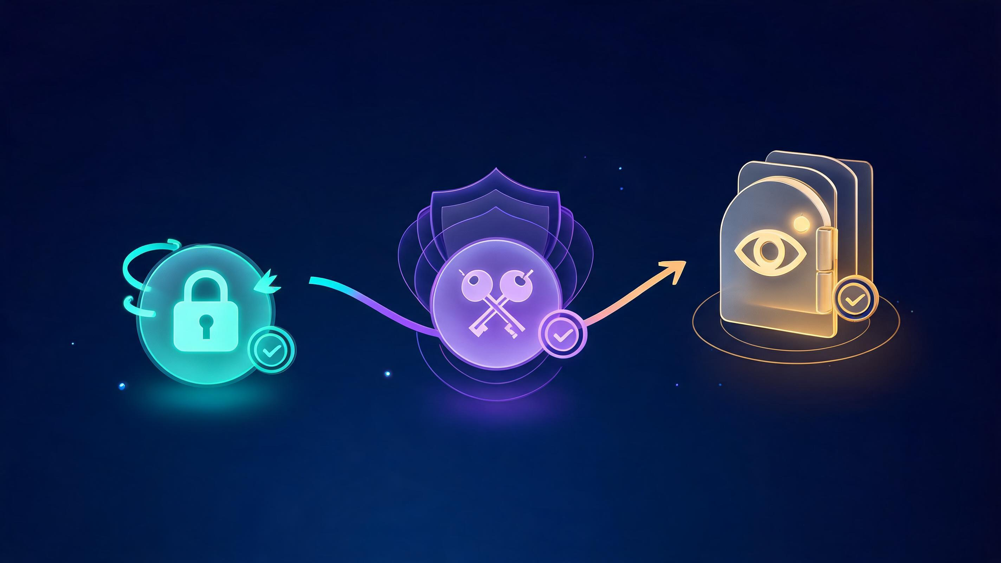 A three-stage glass timeline: a rotating lock, a two-key shield, and a bank vault door with a watchful pulse