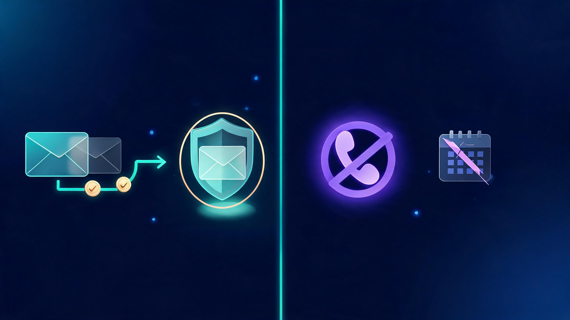 A two-lane workflow: an envelope forwarded into a gold-ringed shield mail-slot on the left, a crossed-out phone and cracked calendar invite on the right