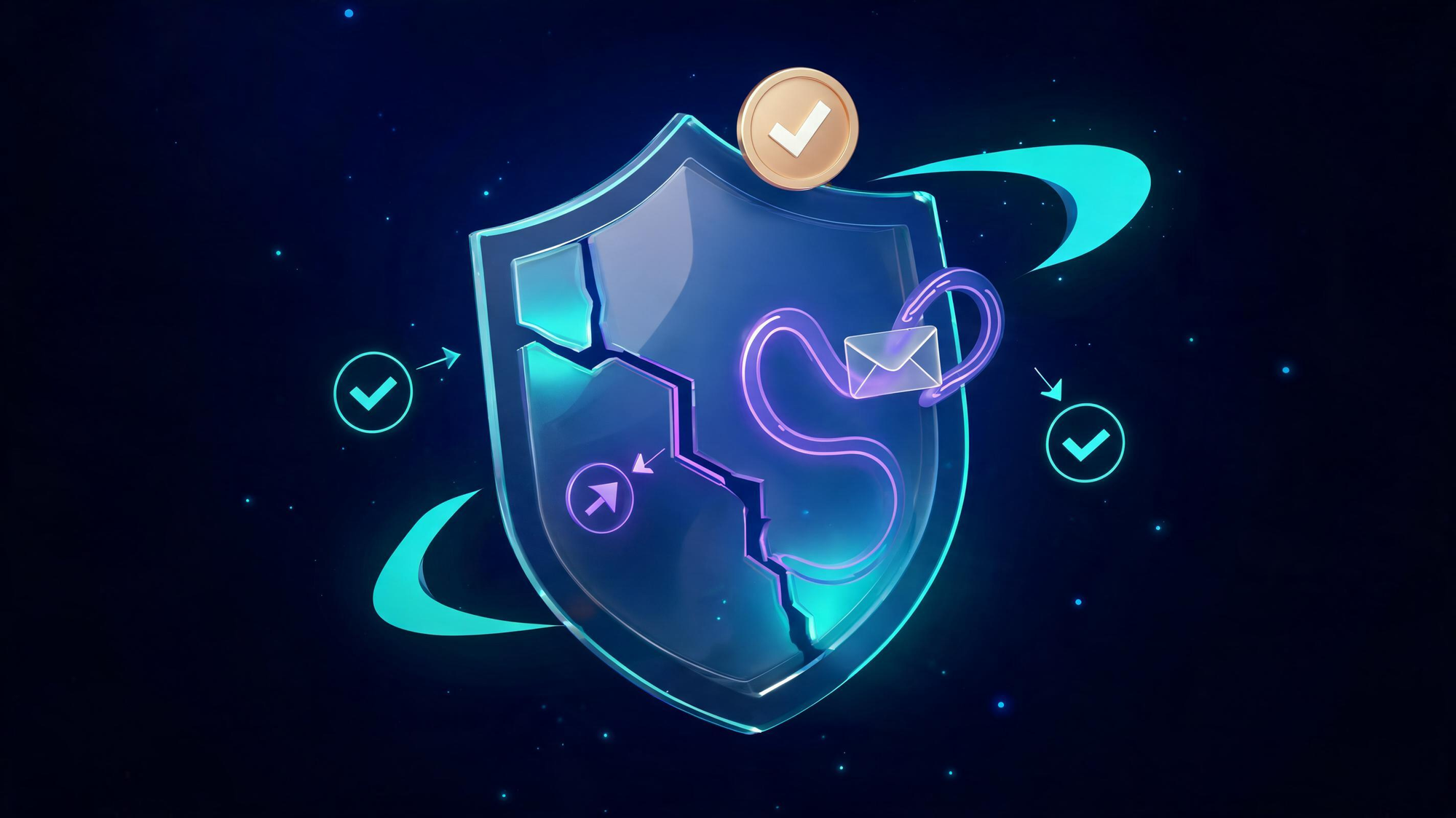 A gold-badged glass shield with a violet fracture line and a tendril slipping through, showing how verified PayPal emails carried scams