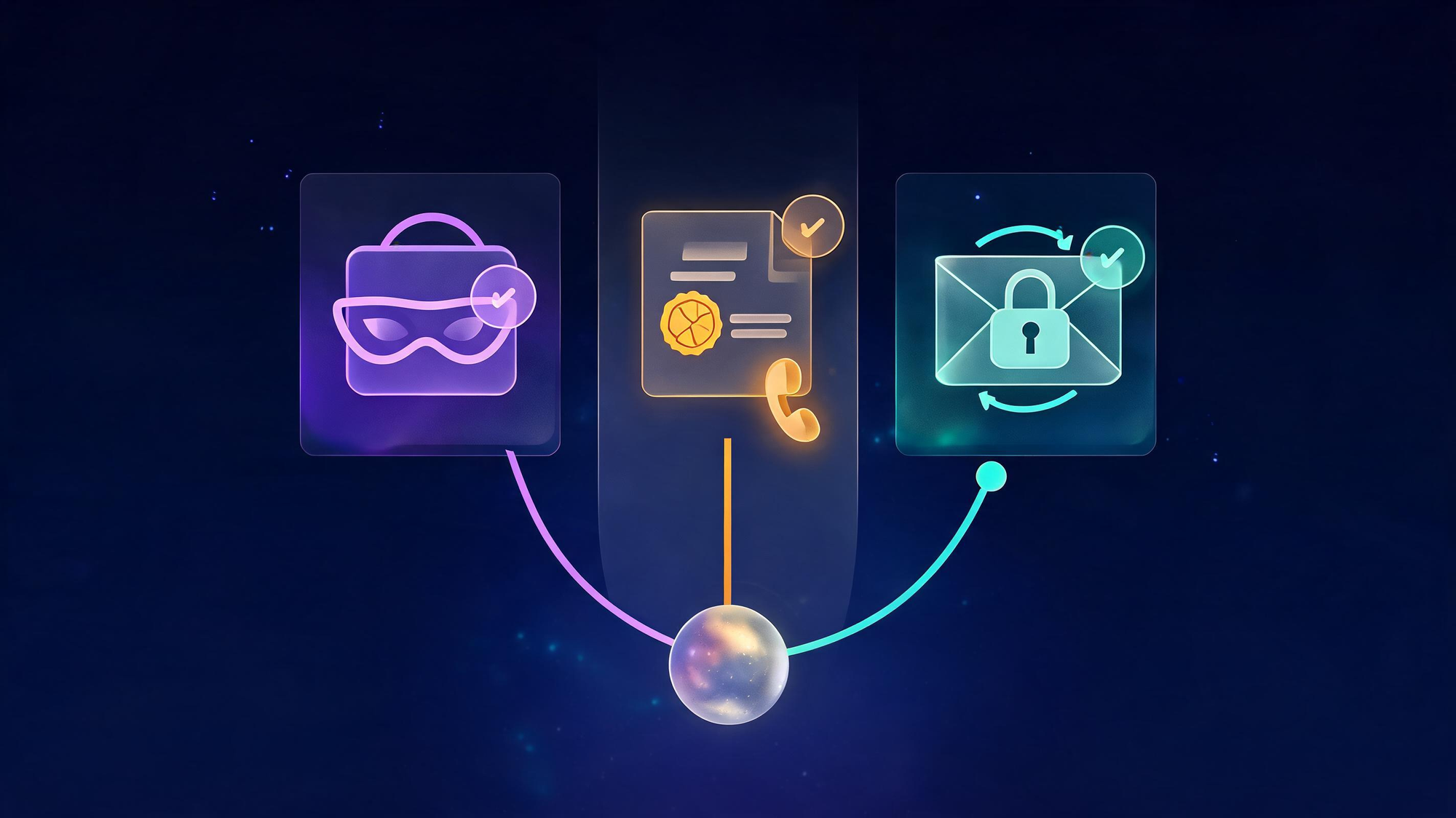Three glass lanes showing the spoofed envelope, the cracked invoice with a phone warning, and the password-reset cycle, converging into one alert orb