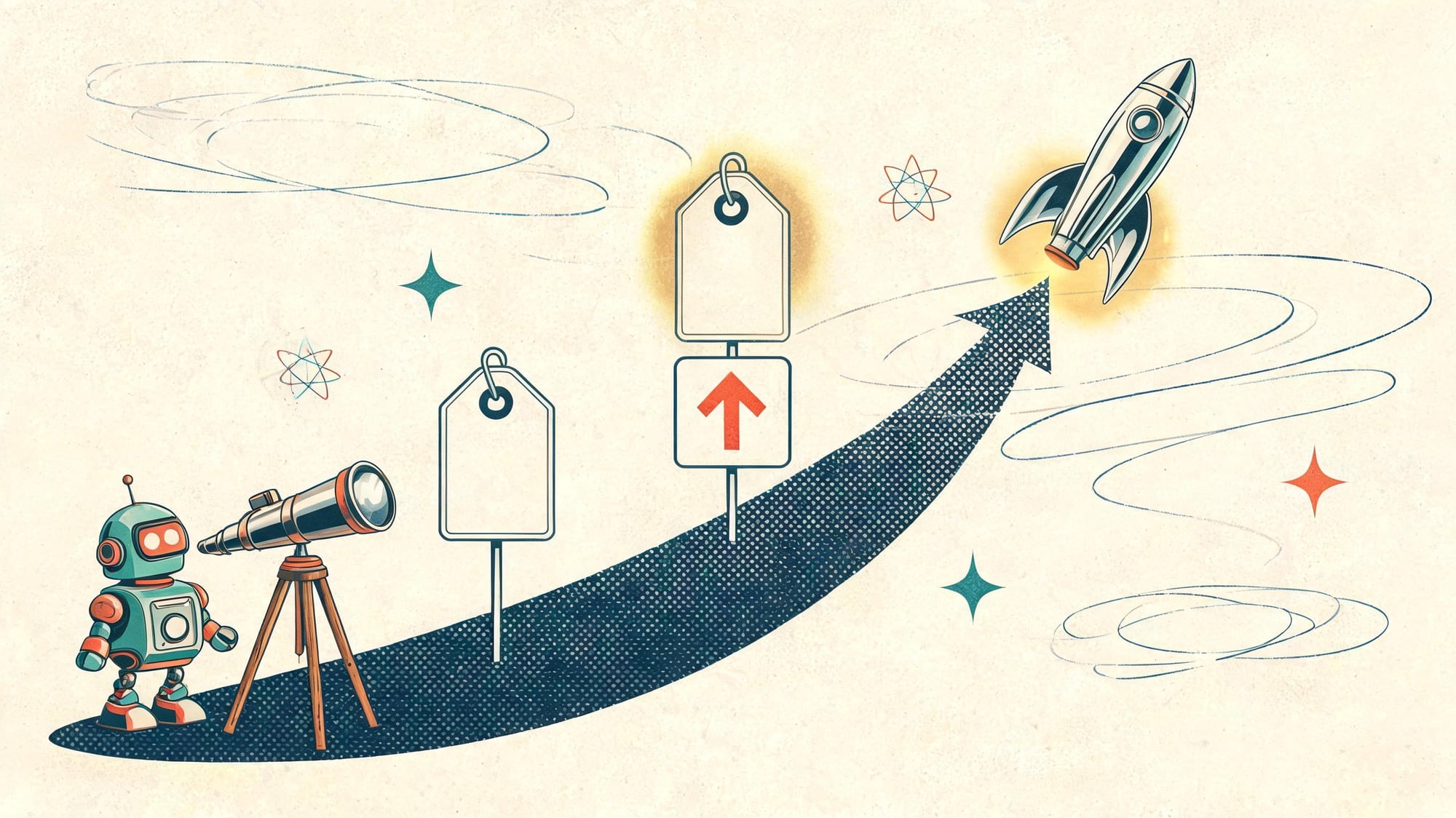 A retro rocket ascending a dotted price-timeline path with blank price plaques, one marked with a coral upward arrow chip for the August hike