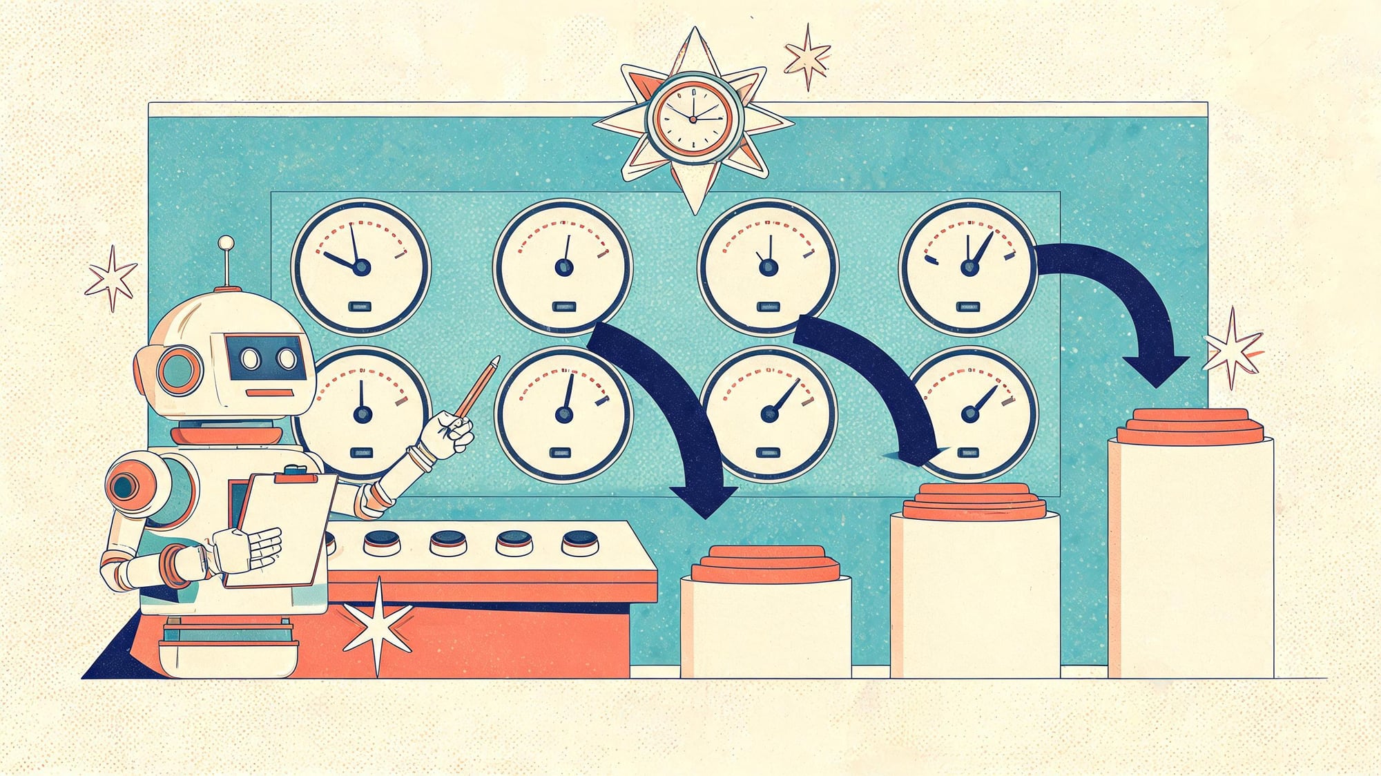 A retro mission-control wall of dials and gauges being scored by a robot with a clipboard, arrows leading to a three-pedestal podium