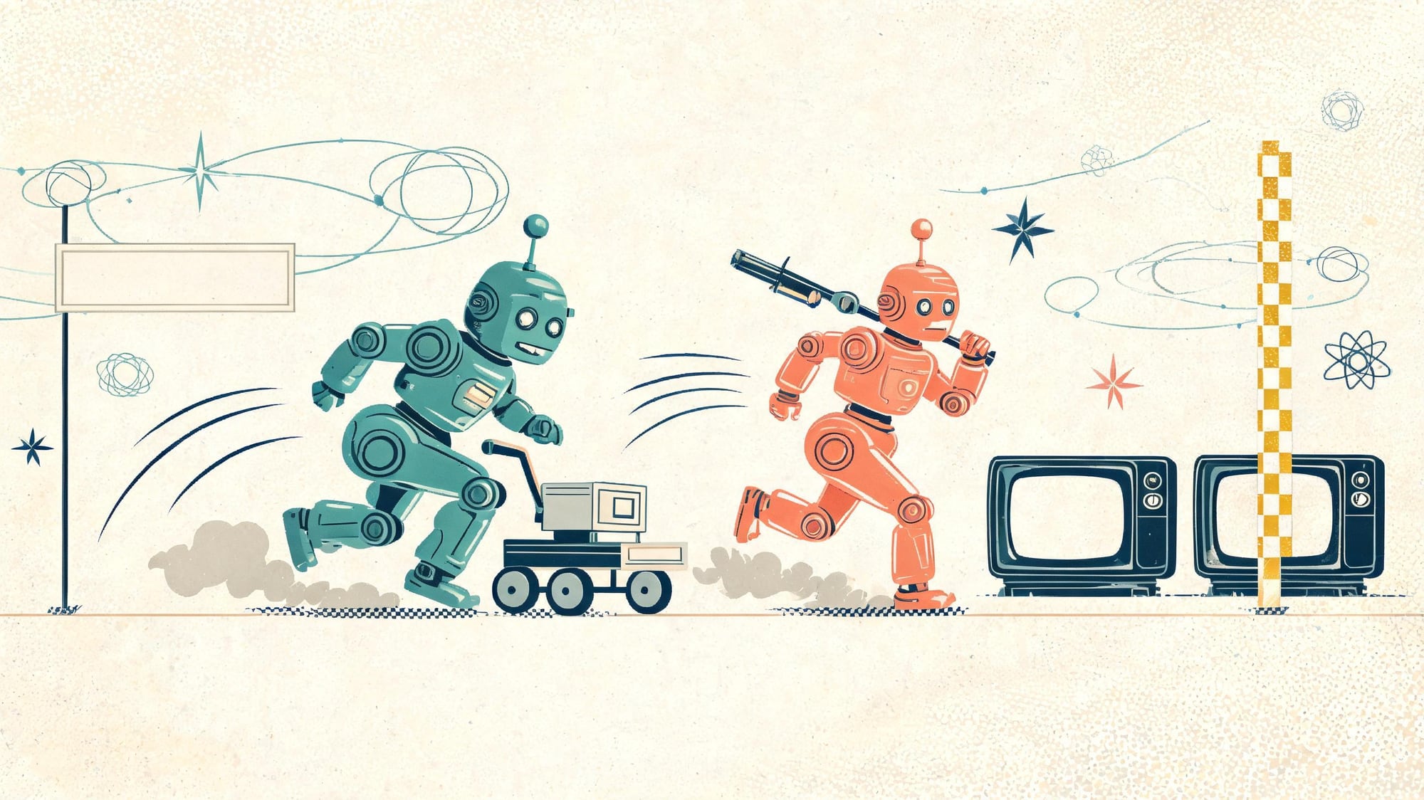 A retro illustration of two robots racing with their streaming devices toward television finish lines, dust clouds behind them