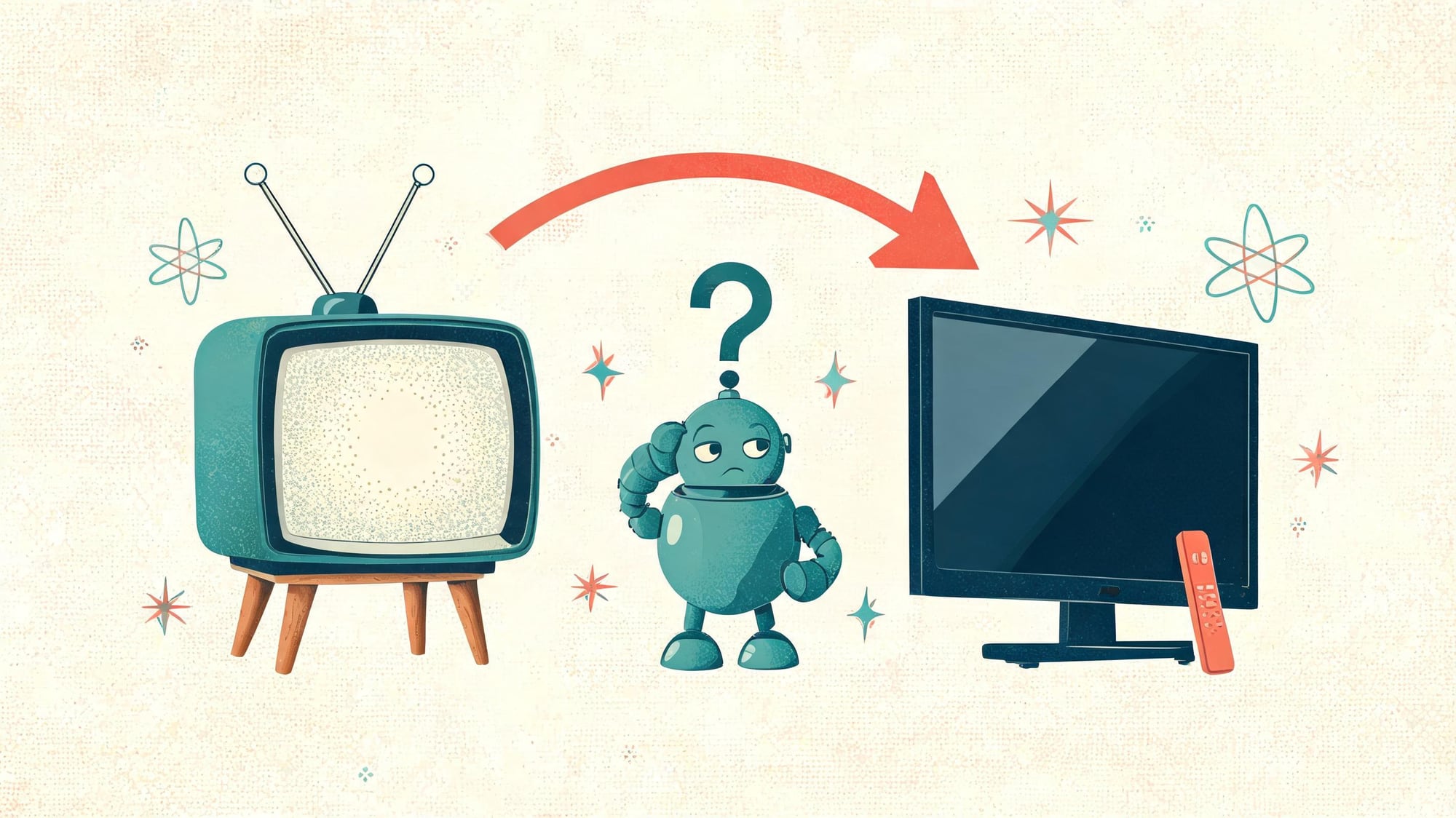 A retro illustration of a vintage CRT television with rabbit ears evolving into a modern flat TV beside a coral streaming stick, with a confused robot between them