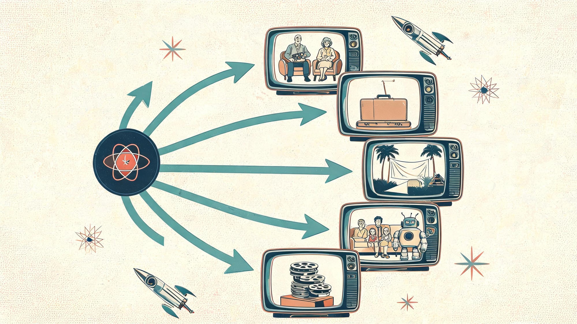 A retro branching diagram with five vignette TV frames: an elderly couple, a suitcase, a projector scene, a family with a robot, and a desk with film reels
