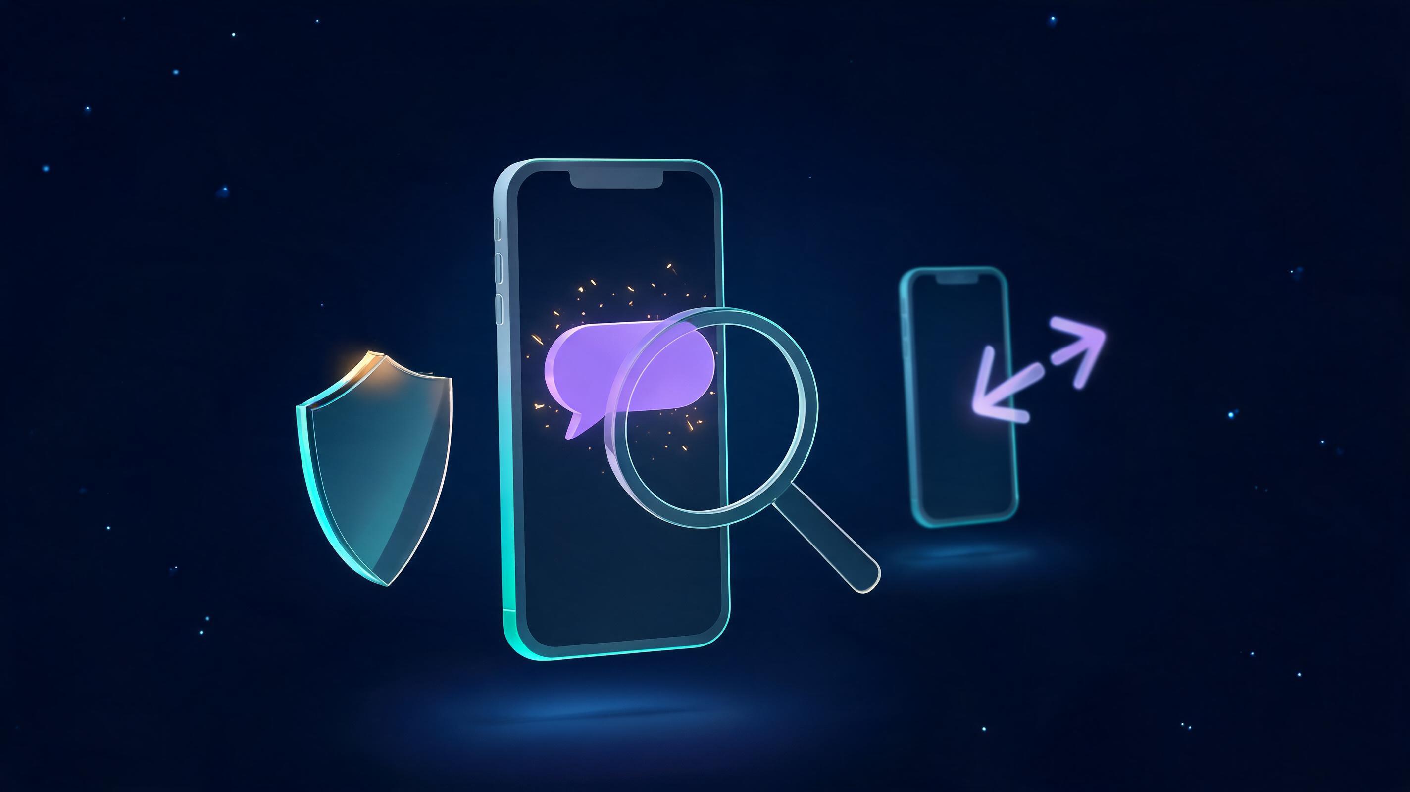 A glowing smartphone receiving a suspicious violet message bubble while a magnifier ring scans the screen and a shield guards the side, representing a Zelle scam text
