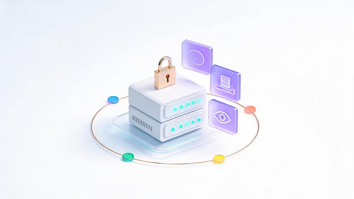 On-premises private AI server concept with padlock and business modules on white background