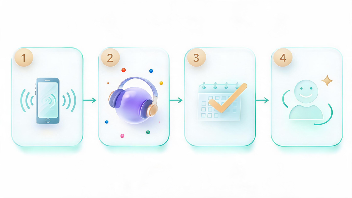 Four step private AI voice agent workflow from incoming call to booking and callback