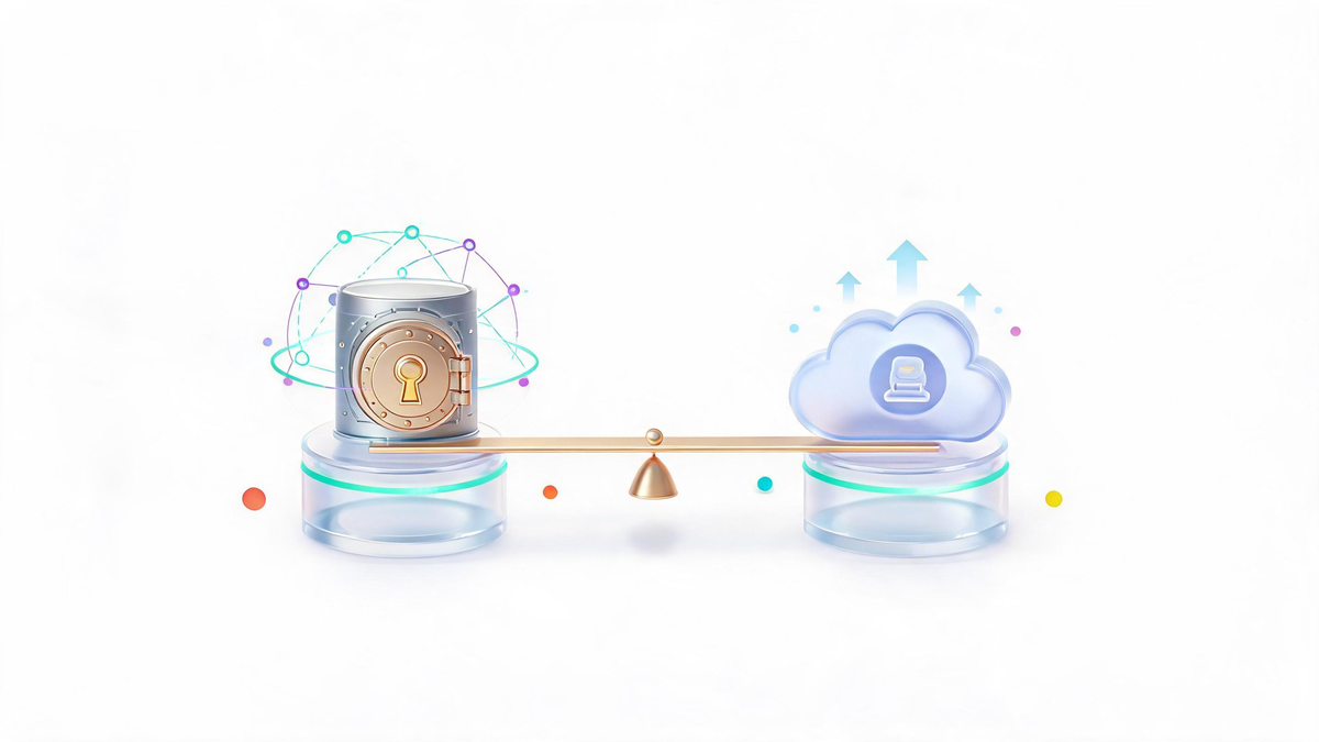 Balance scale comparing private AI ownership against public cloud enterprise chatbot