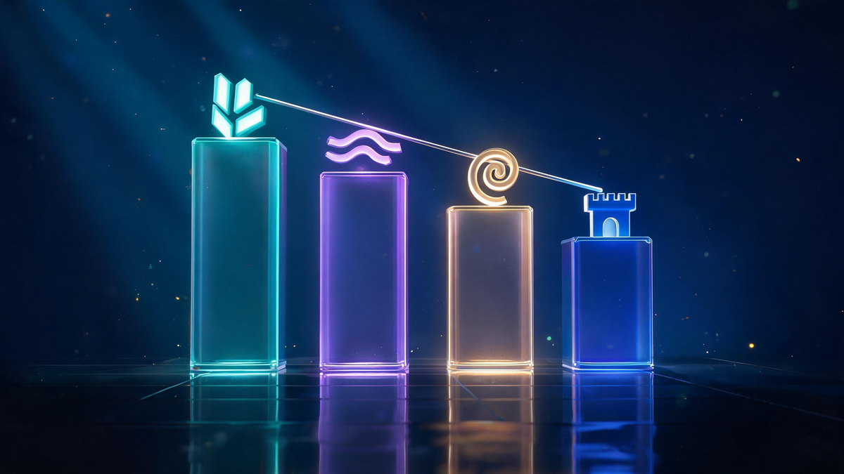 Quantum stocks compared: four glass columns of descending height with distinct approach tokens