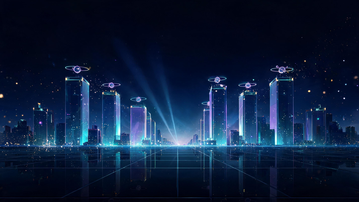 Big tech quantum giants: glass mega-fortress skyline with quantum orbit satellites
