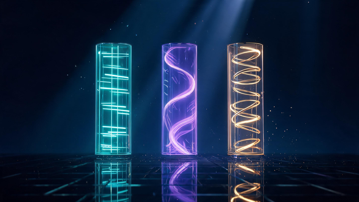 Quantum pure-play stocks: three distinct glass towers with trapped beams waves and coils
