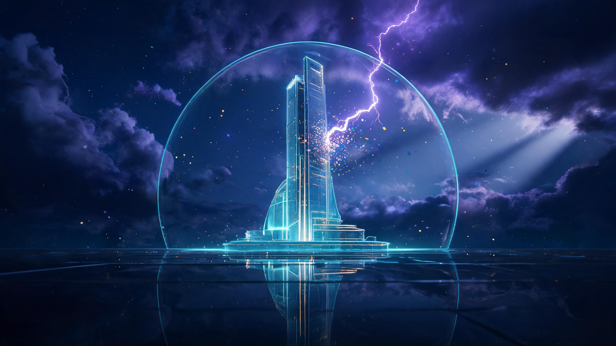 Quantum stock risks: glass tower under violet storm clouds protected by an aqua shield dome
