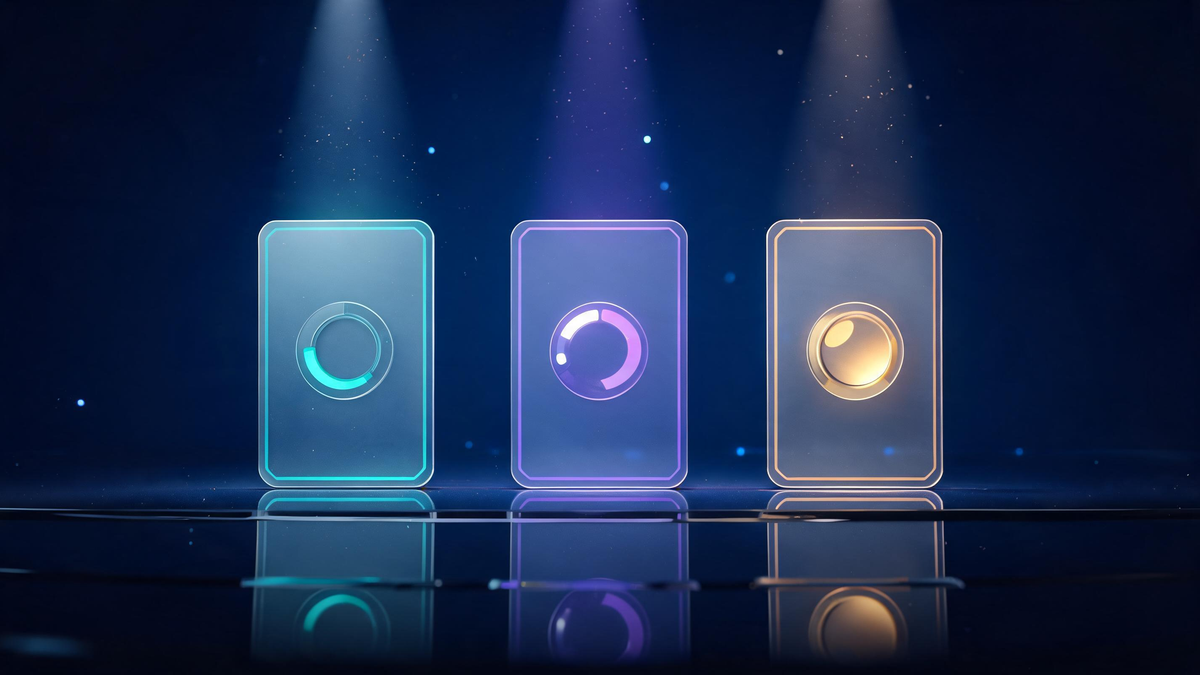 Quantum computing ETFs compared: three glass fund cards with fee dials on a dark shelf