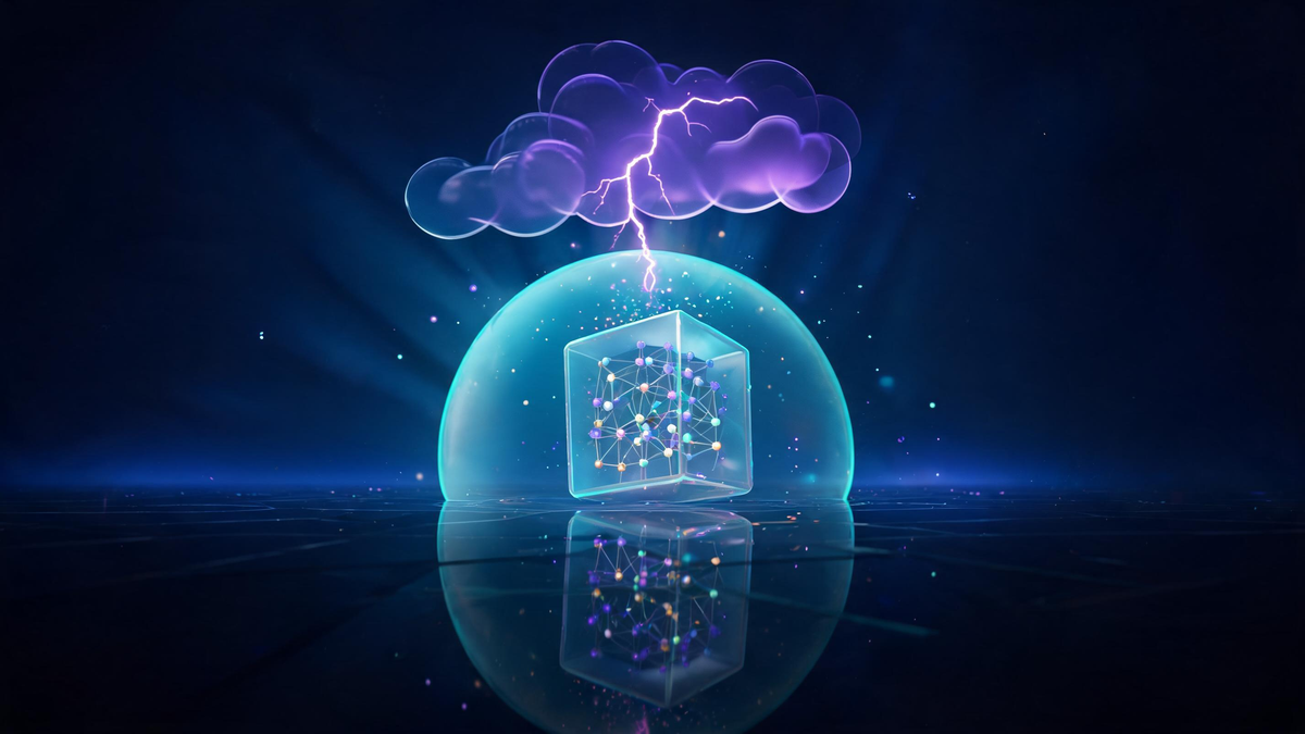Quantum ETF risks: violet storm clouds above a shield-protected portfolio cube