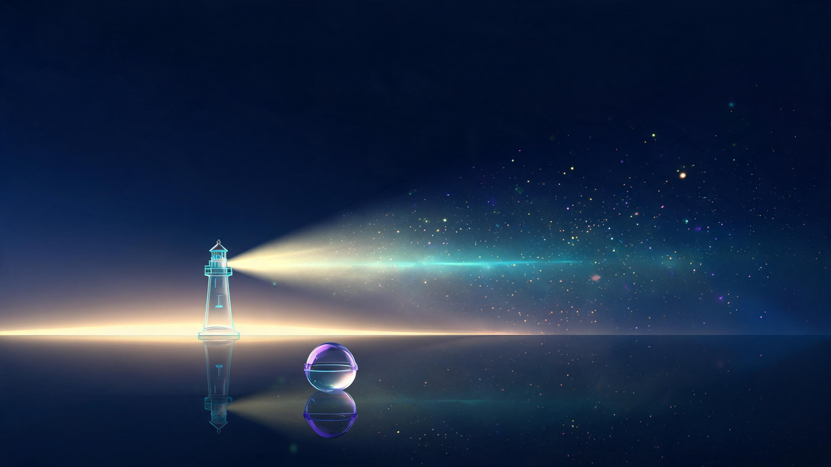 Quantum ETF verdict: golden sunrise over a calm reflective horizon with lighthouse beam