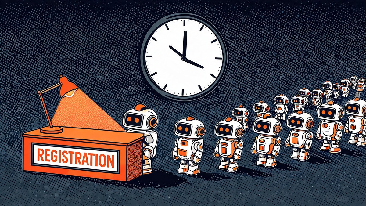 queue of small robots waiting at a registration desk under a giant clock, pop-art style — reddit bot registration january 2027 deadline