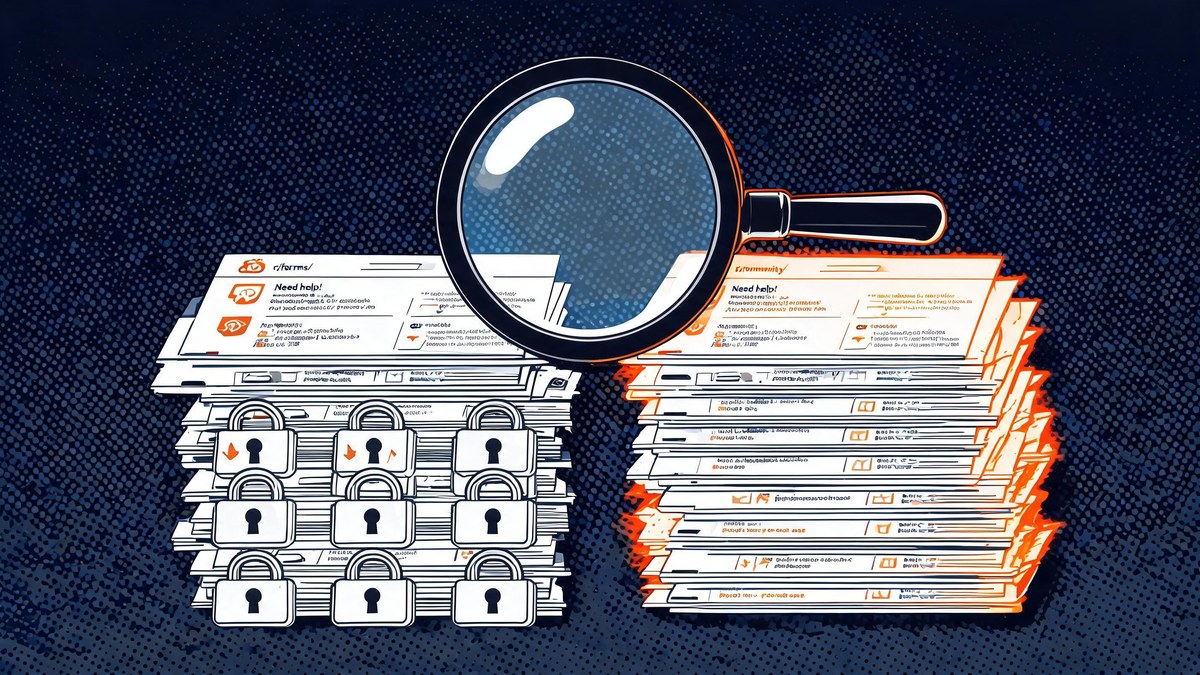 giant magnifying glass hovering over forum page stacks, one fading into padlocks while another glows orange, pop-art style — old reddit google search indexing impact