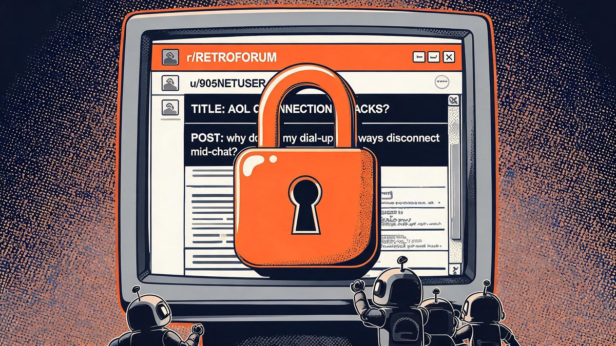 Old Reddit interface behind a giant orange padlock with blocked robot silhouettes, pop-art style — Reddit locks Old Reddit behind a 6-month activity wall