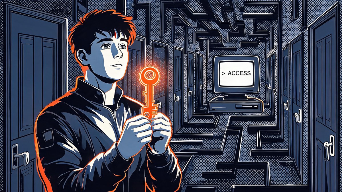 person holding a glowing orange key before a maze of doors leading to a retro computer, pop-art style — how to keep old reddit access