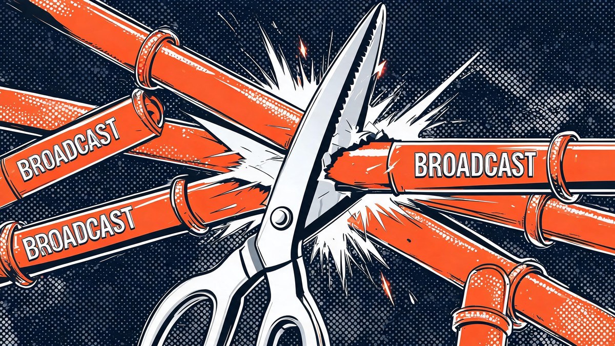orange broadcast feed pipes being cut by giant scissors with sparks, pop-art style — reddit rss feeds killed