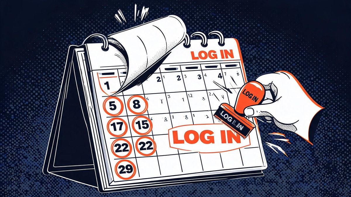 giant calendar with six pages circled in orange and a hand stamping log in, pop-art style — the Reddit six month activity rule