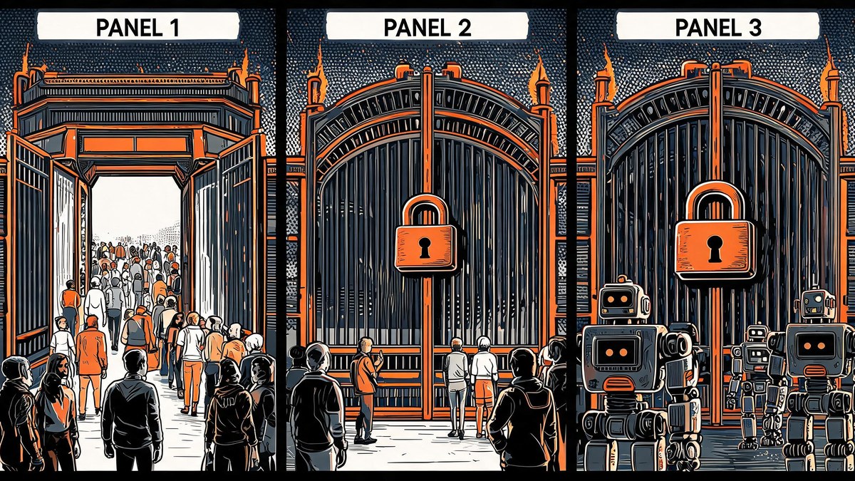 three-panel triptych of a forum gate progressively closing with padlocks and robots left outside, pop-art style — reddit free access shutdown timeline