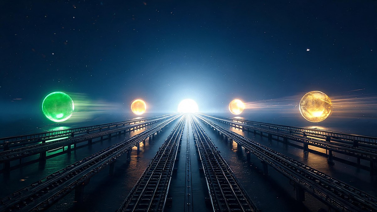 alt: Four parallel rail-tracks with green, amber and gold status orbs representing the four US crypto regulatory tracks