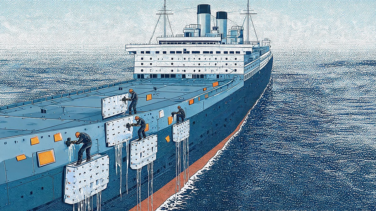 Workers patching a ship's hull at sea while water seeps through seams, editorial illustration of iterative deployment criticism