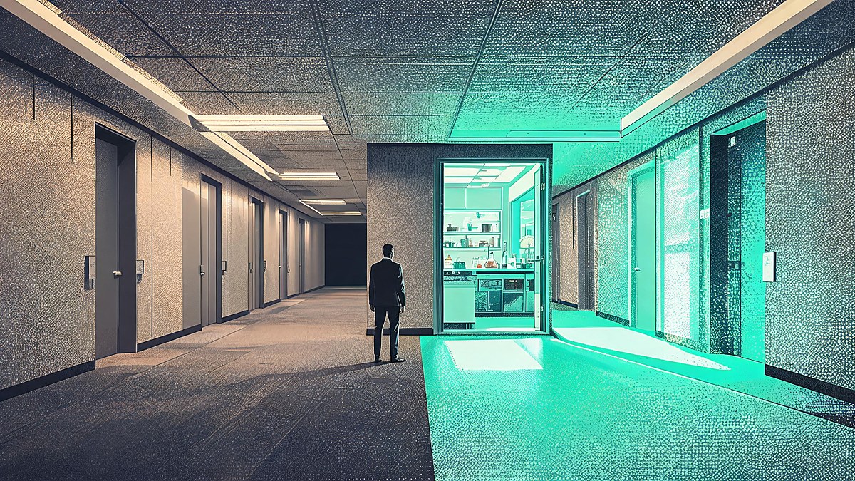 A professional at a corridor fork with one glowing safety-lab path, pop-art illustration of the AI safety career choice