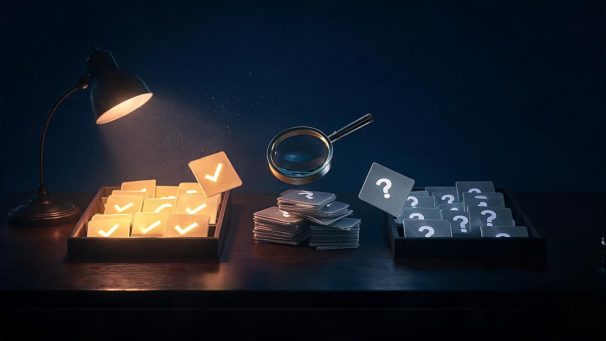 Documents being sorted by a magnifier into confirmed gold stacks and unverified gray stacks, representing verification of Scale AI layoff claims