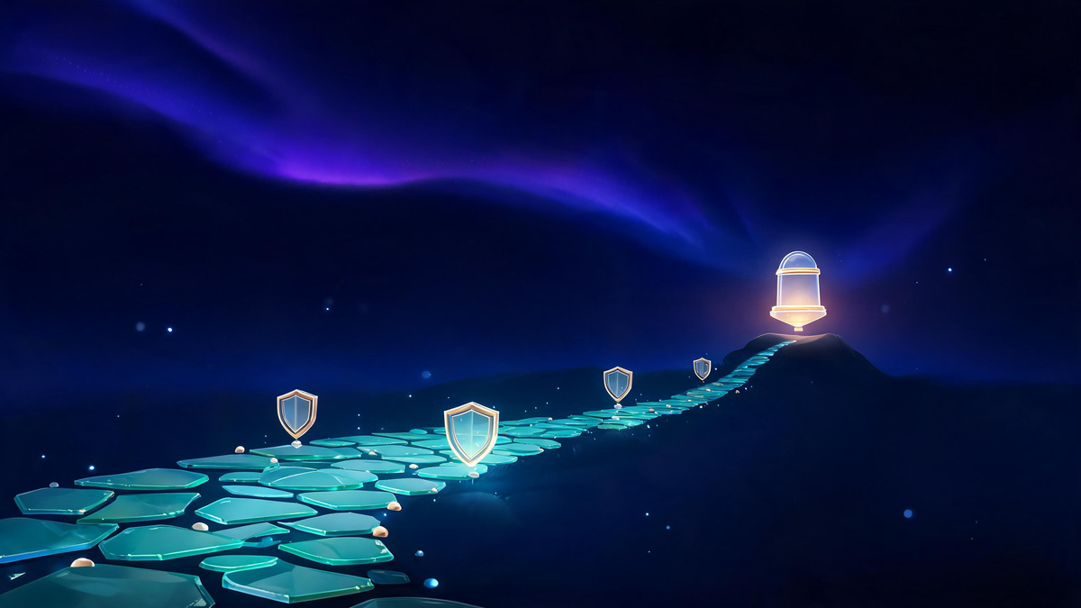 Cybersecurity career verdict: golden summit beacon above a winding light path