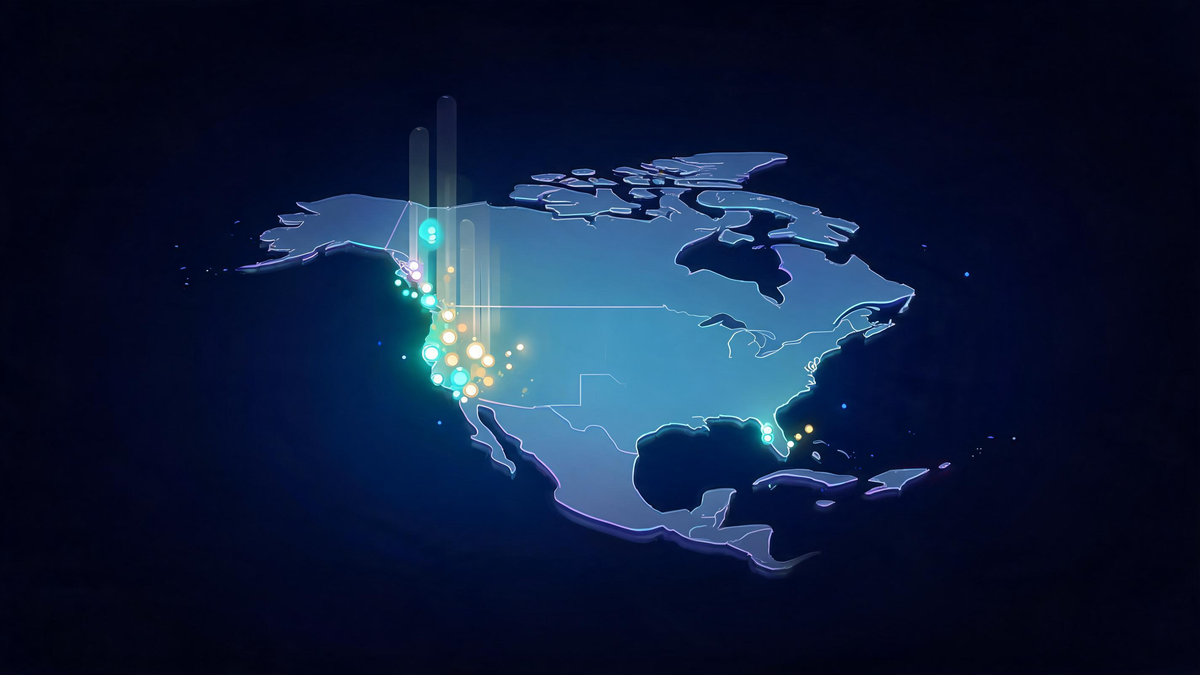 Highest paying cybersecurity states and cities: dark glass US map with glowing west coast nodes